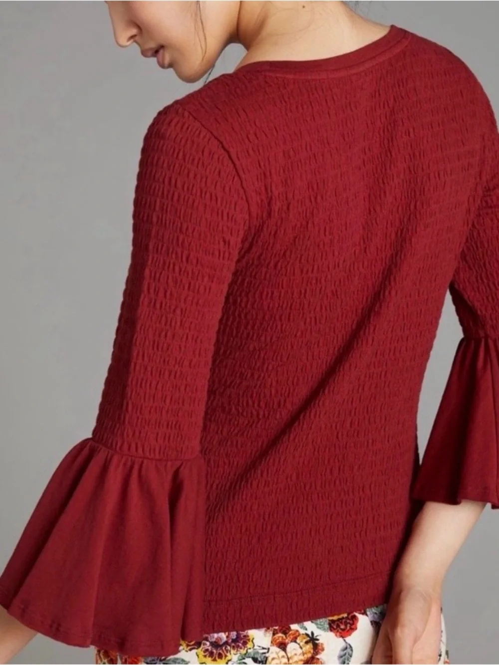 Anthropologie Wine Red Smocked Bell Sleeve Scoop Neck Top Size M